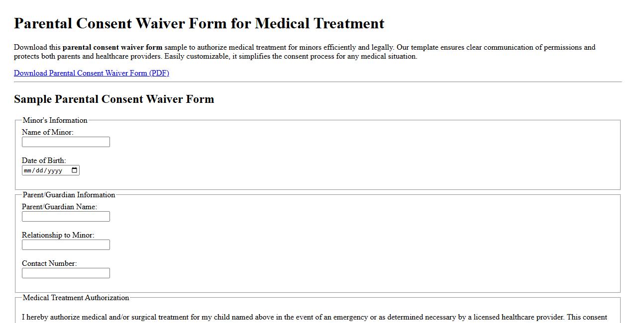 downloadable parental consent waiver form sample for medical treatment image preview