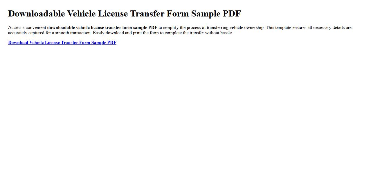 Downloadable Vehicle License Transfer Form Sample PDF image preview