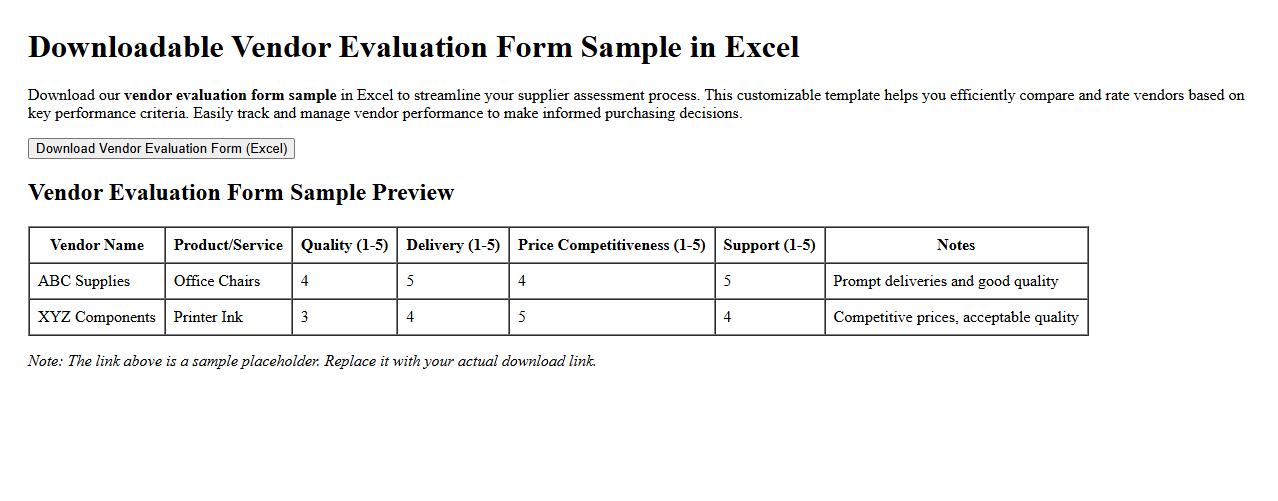 downloadable vendor evaluation form sample in excel image preview