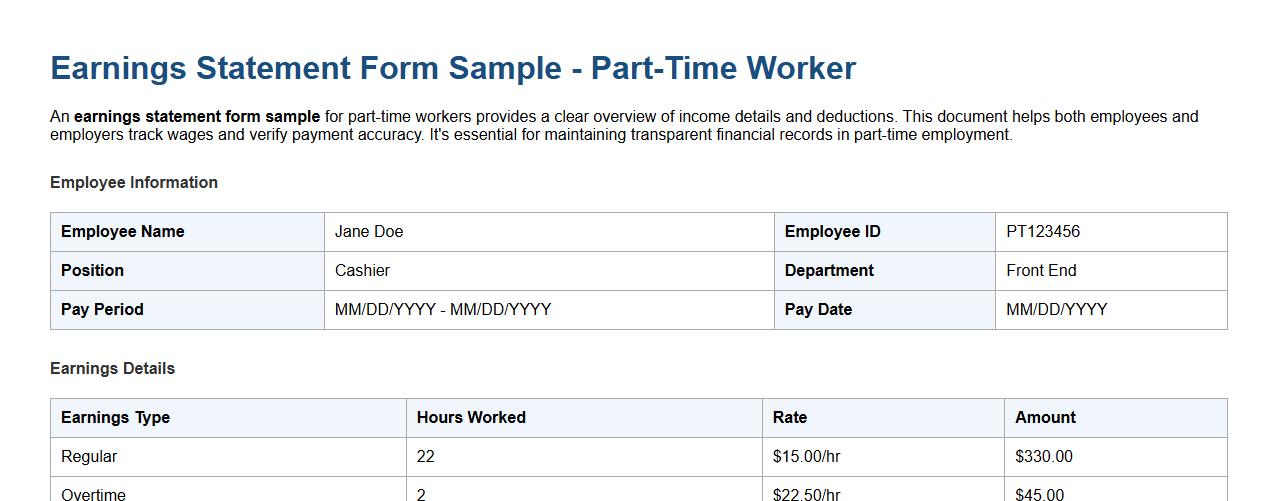 earnings statement form sample for part-time workers image preview