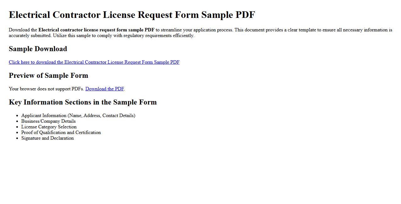 Electrical contractor license request form sample PDF image preview