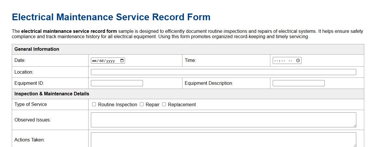 electrical maintenance service record form sample image preview