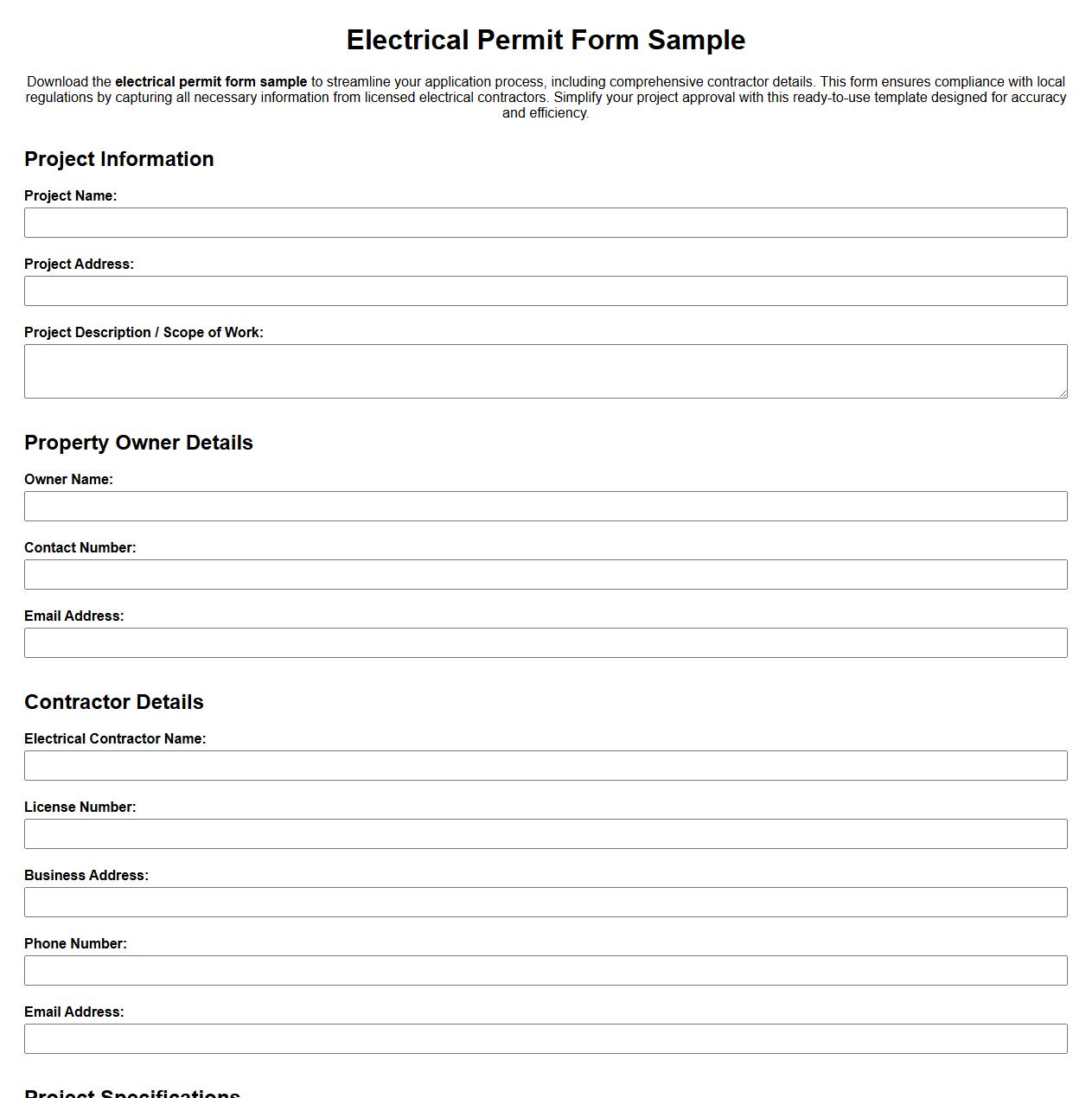electrical permit form sample with contractor details image preview