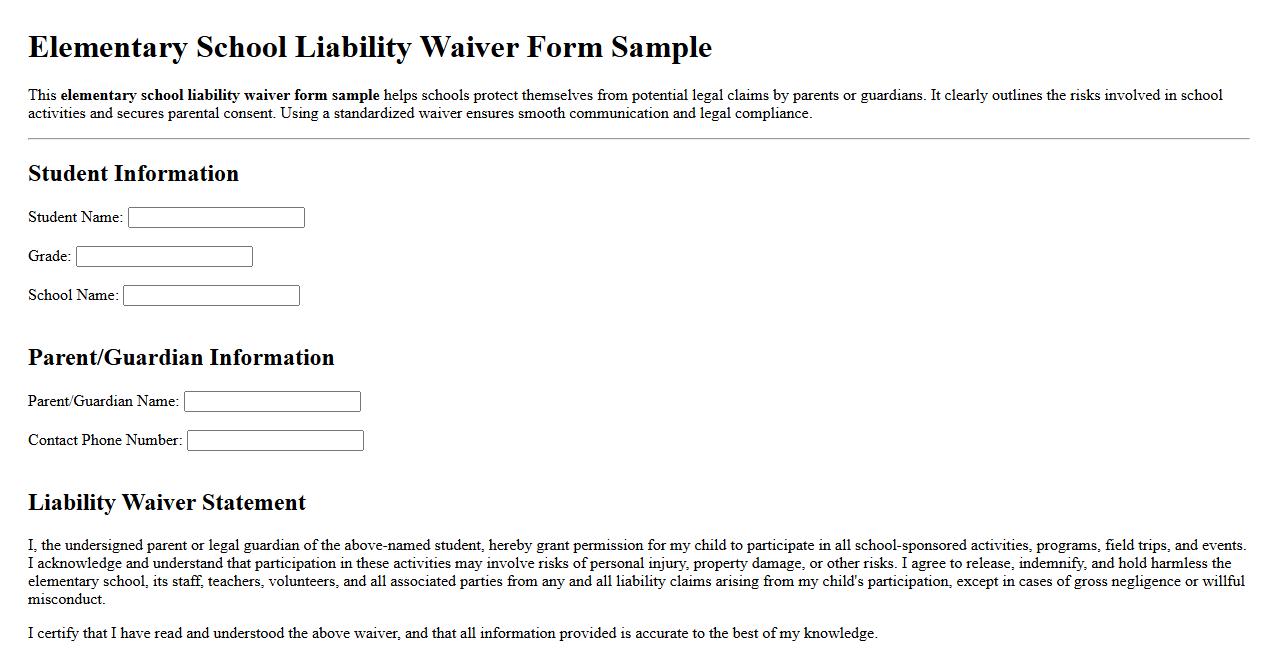 elementary school liability waiver form sample image preview