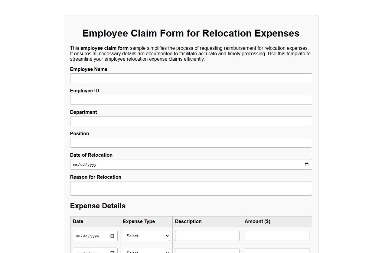 Employee claim form sample for relocation expenses image preview