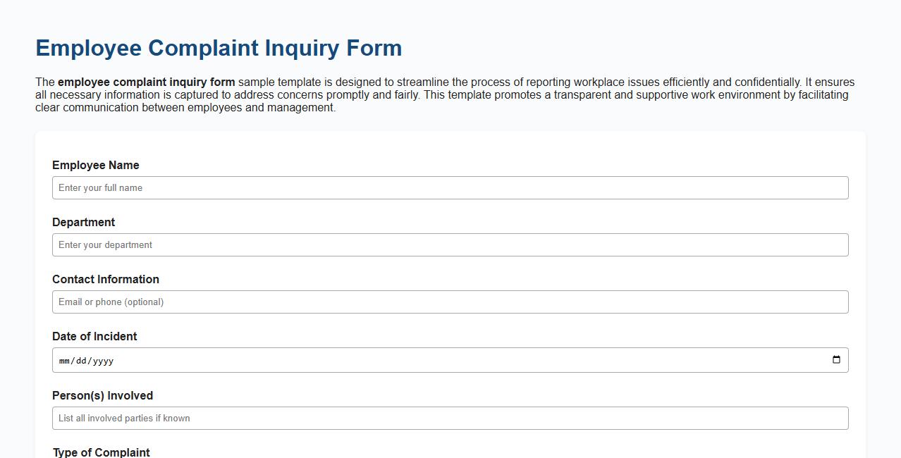 Employee complaint inquiry form sample template image preview