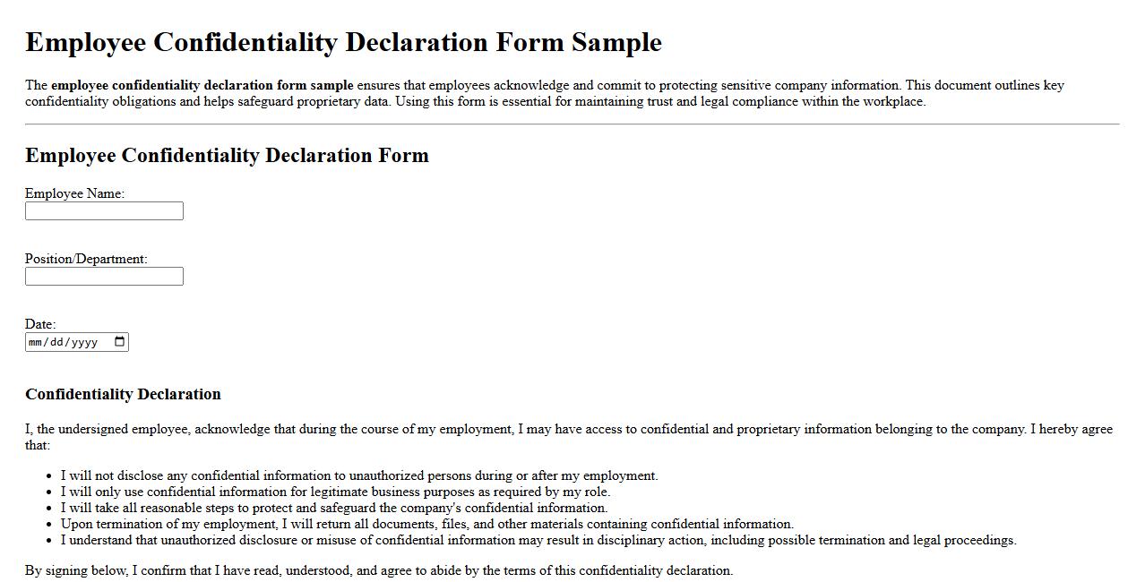Employee confidentiality declaration form sample image preview