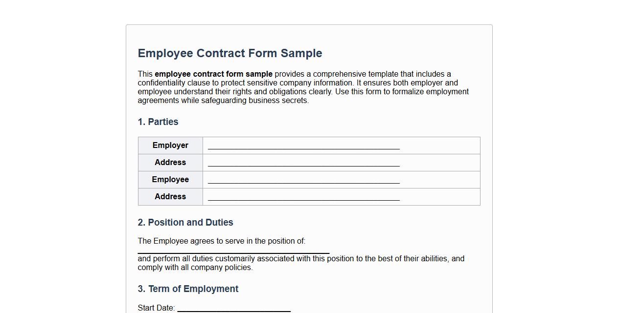 Employee contract form sample including confidentiality clause image preview