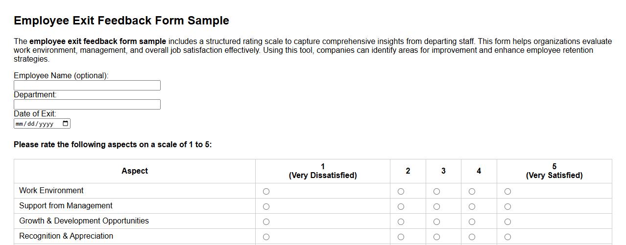 Employee exit feedback form sample with rating scale image preview