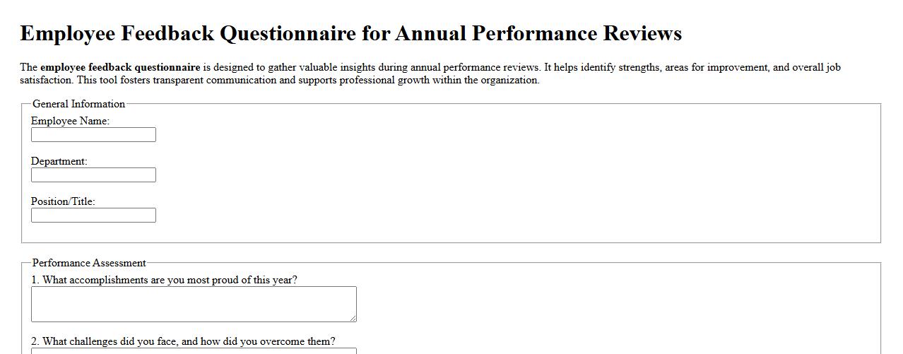 Employee feedback questionnaire for annual performance reviews image preview