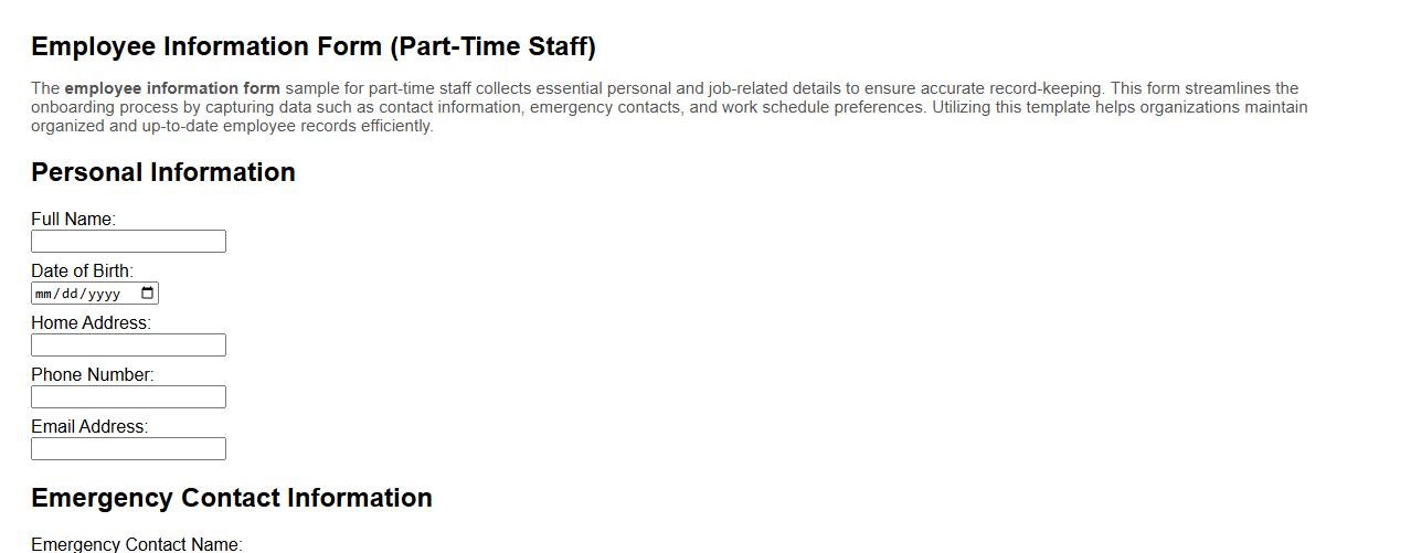 employee information form sample for part-time staff image preview