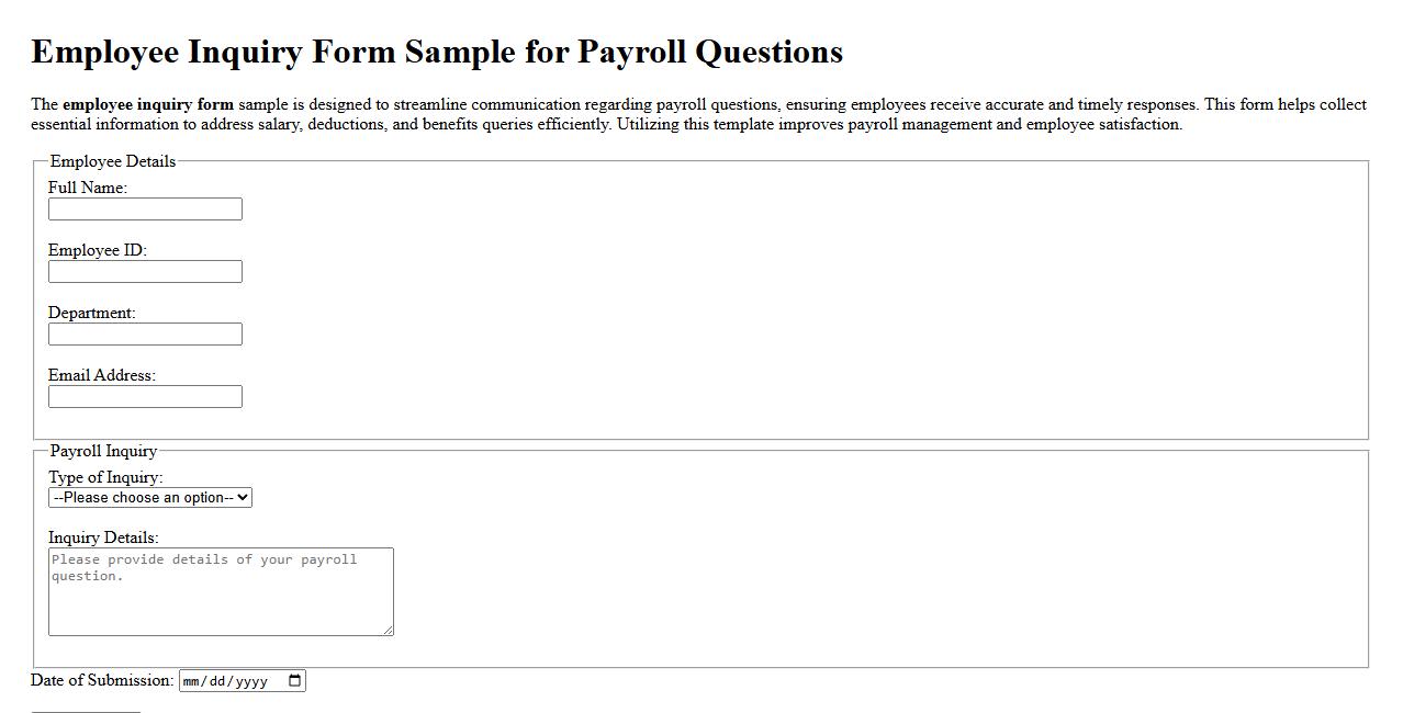 Employee inquiry form sample for payroll questions image preview