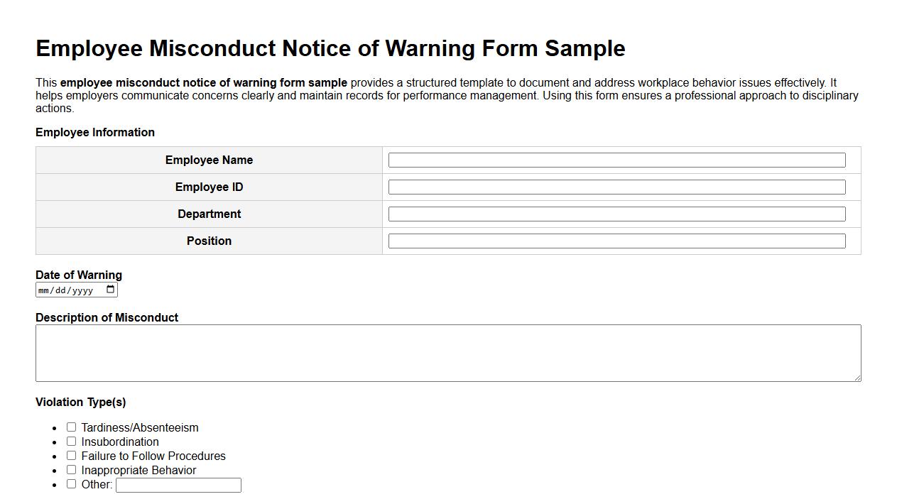 employee misconduct notice of warning form sample image preview