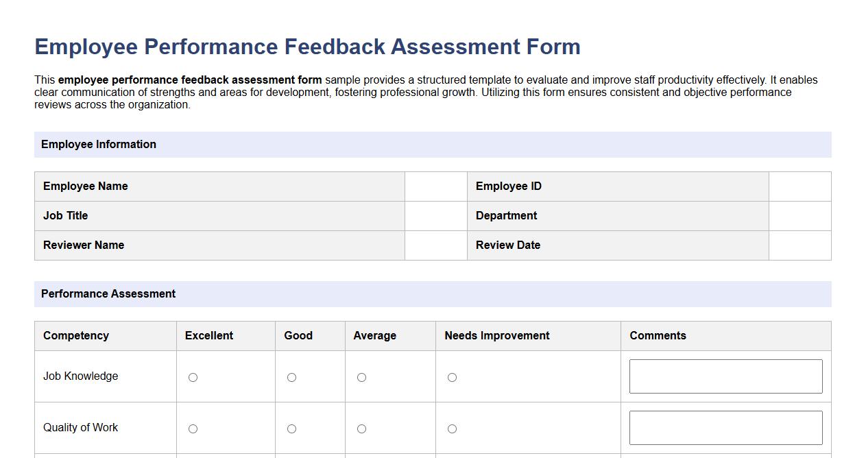 employee performance feedback assessment form sample image preview