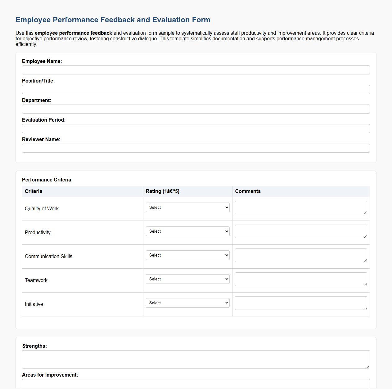 Employee performance feedback and evaluation form sample image preview