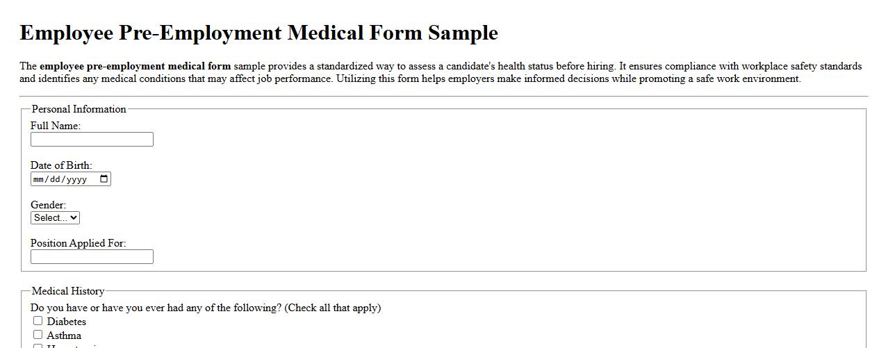 Employee pre-employment medical form sample image preview