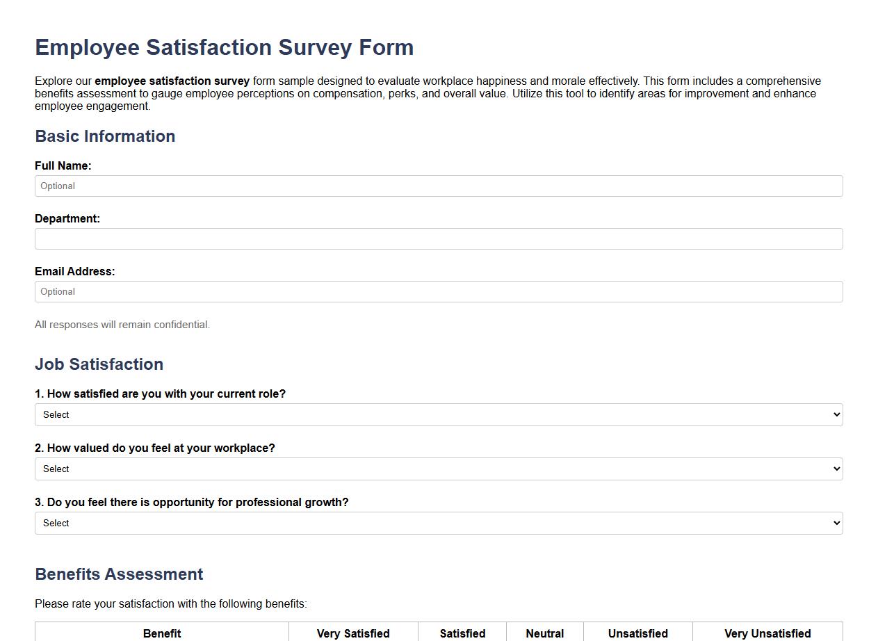 Employee satisfaction survey form sample including benefits assessment image preview