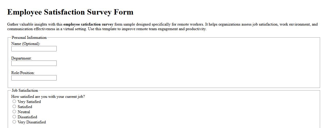 Employee satisfaction survey form sample for remote workers image preview