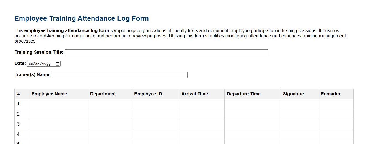 employee training attendance log form sample image preview