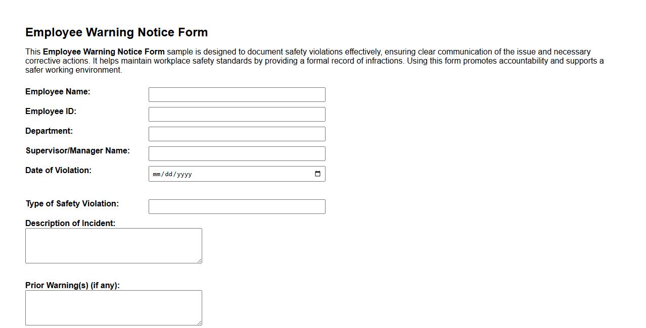 Employee warning notice form sample for safety violation image preview