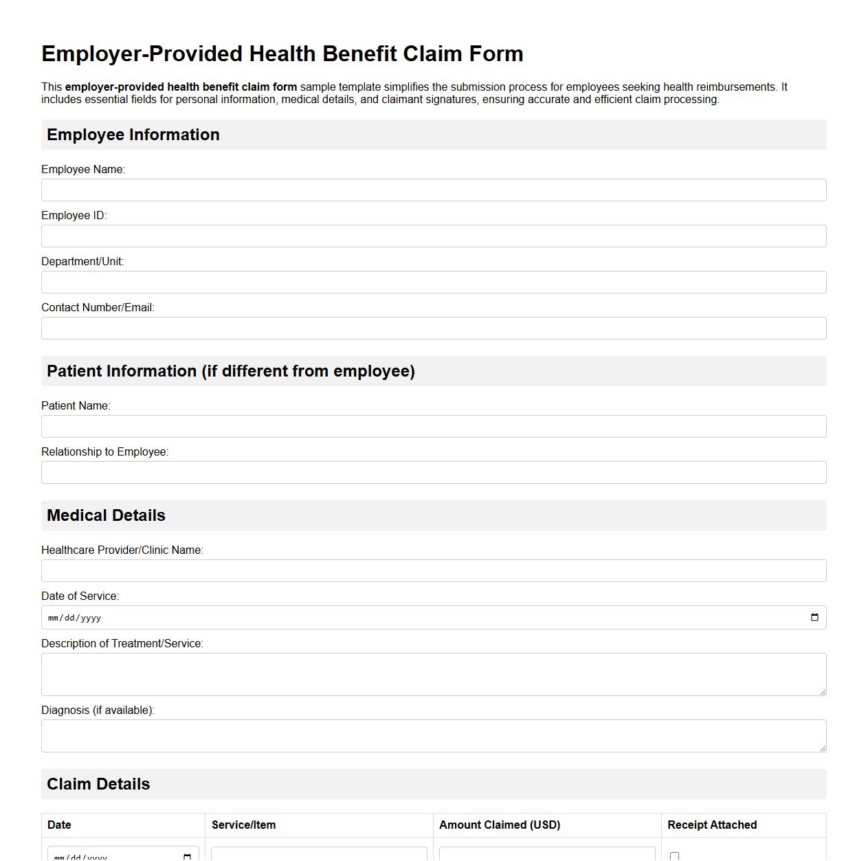 employer-provided health benefit claim form sample template image preview
