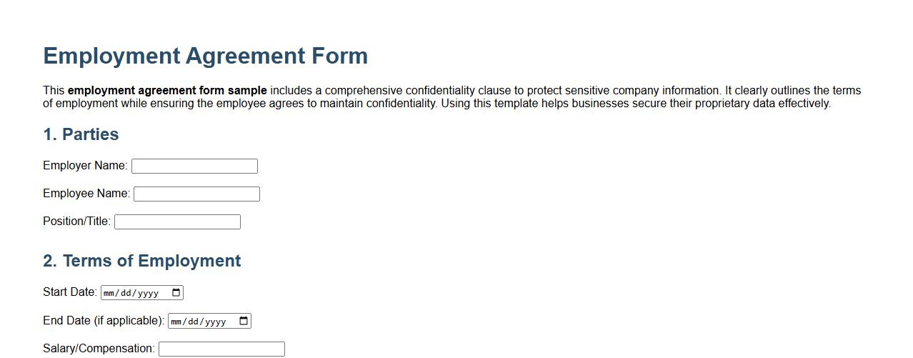 Employment agreement form sample with confidentiality clause image preview