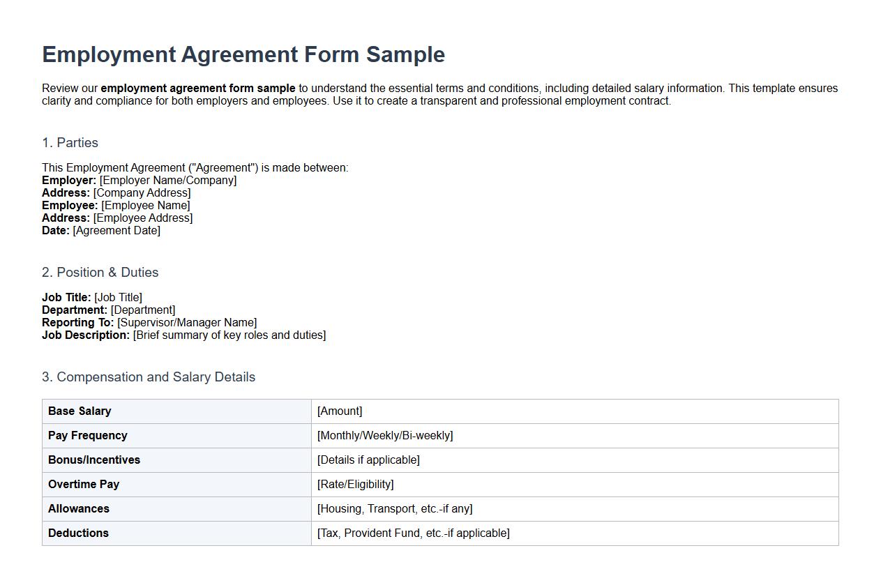 Employment agreement form sample with salary details image preview