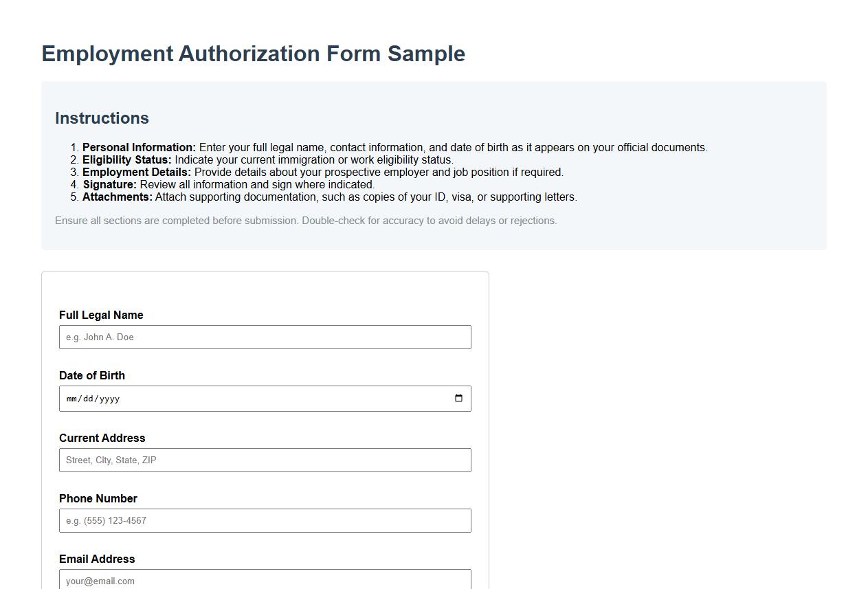 Employment Authorization Form sample with instructions image preview