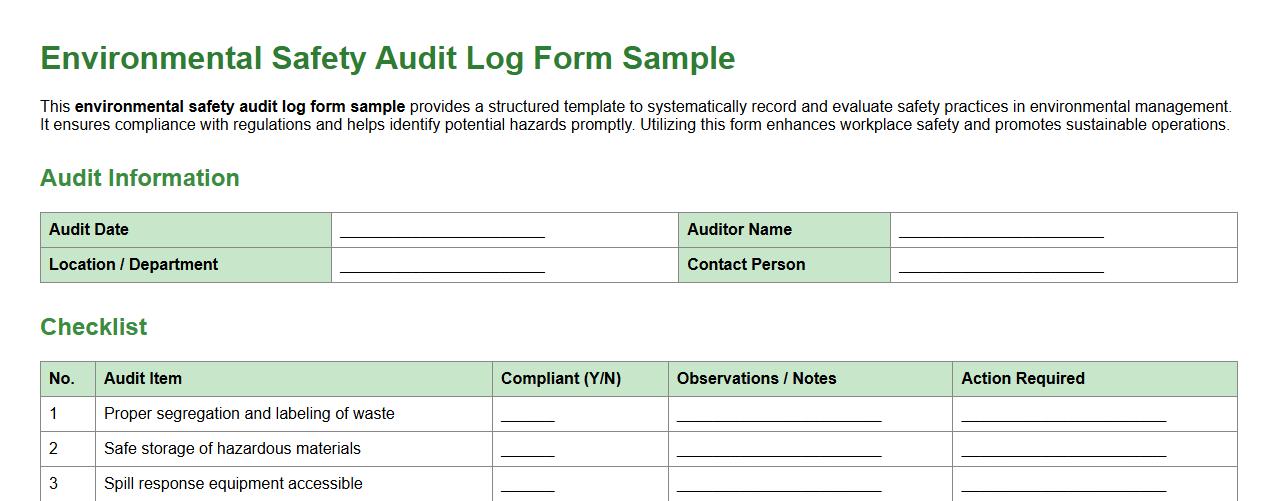 environmental safety audit log form sample image preview
