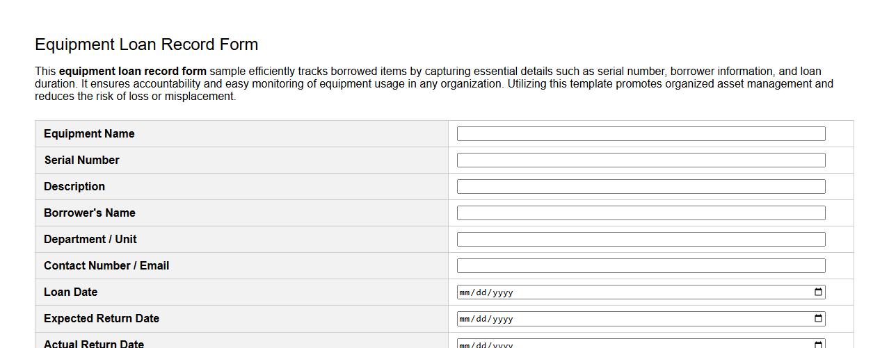 equipment loan record form sample including serial number image preview