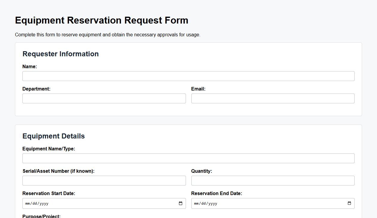 equipment reservation request form sample with approval section image preview