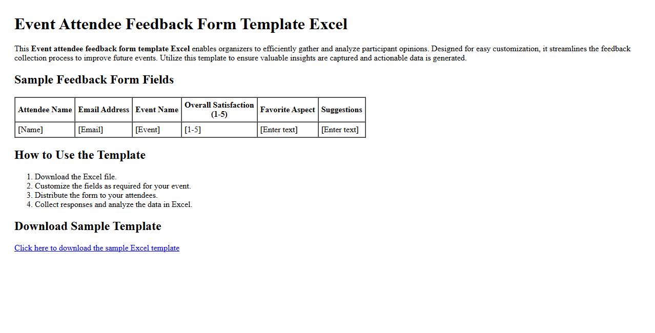 Event attendee feedback form template Excel image preview