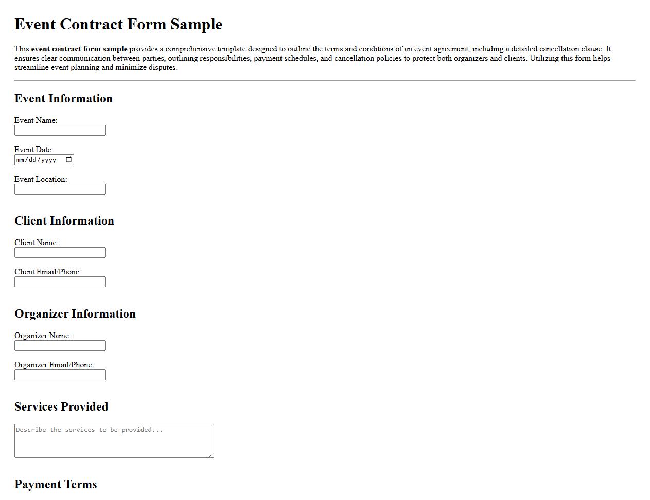 event contract form sample including cancellation clause image preview