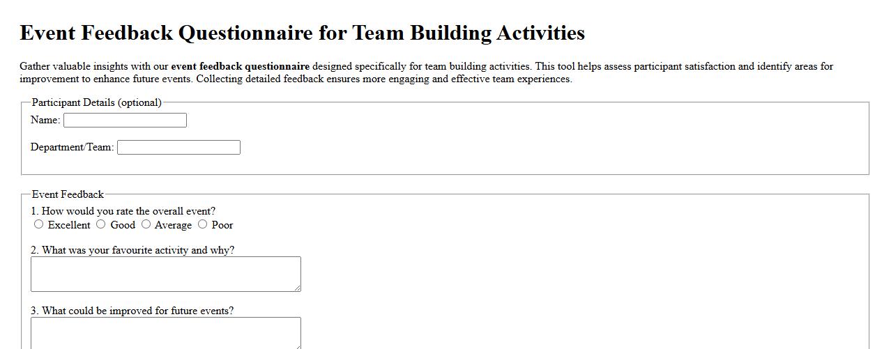 event feedback questionnaire for team building activities image preview