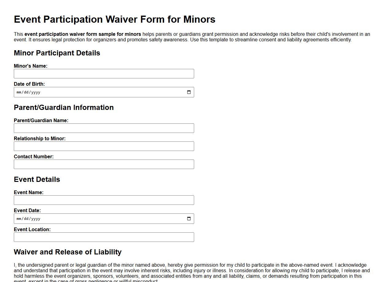 Event participation waiver form sample for minors image preview