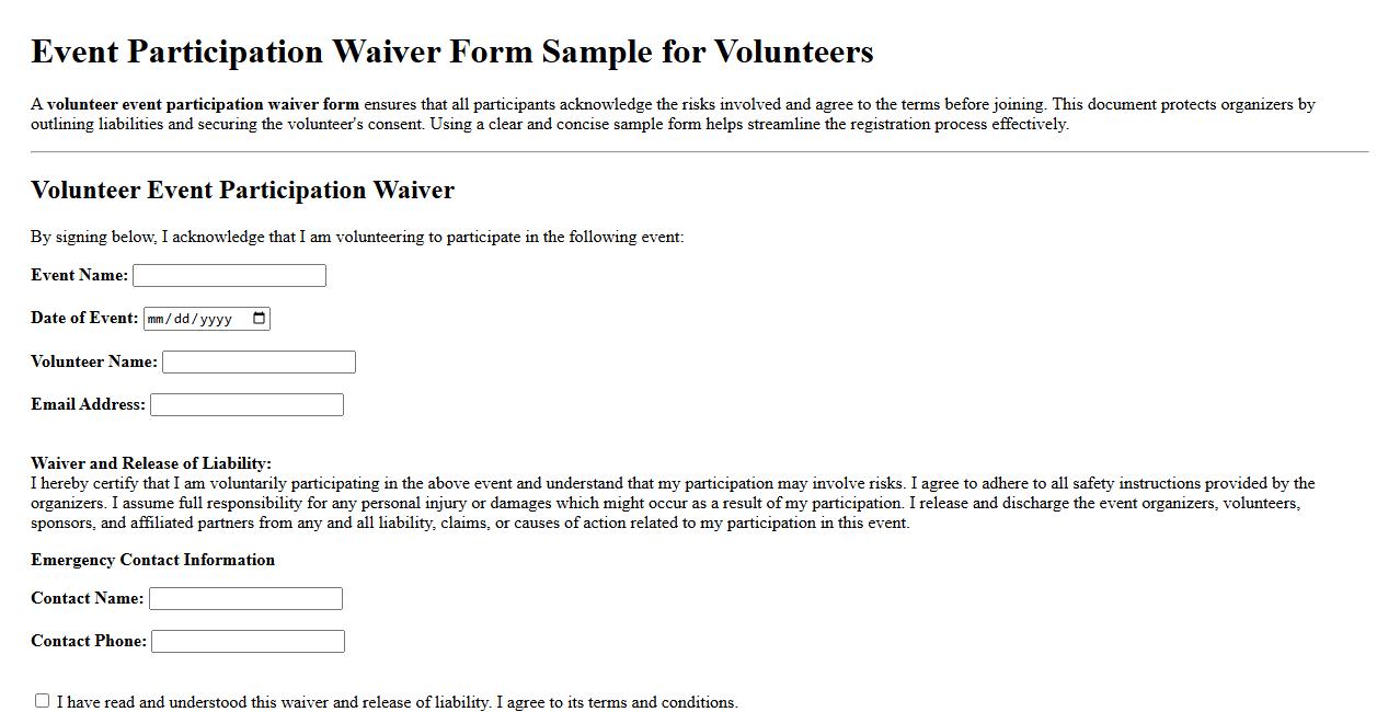 Event participation waiver form sample for volunteers image preview