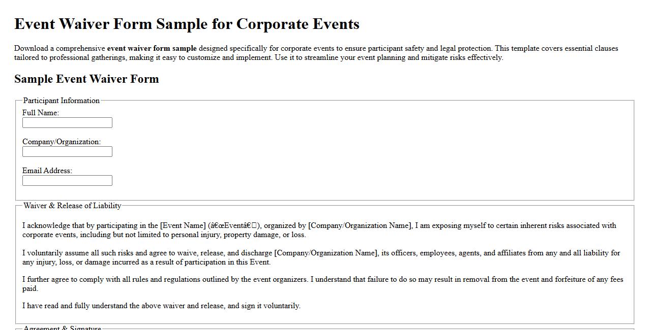 Event waiver form sample for corporate events image preview