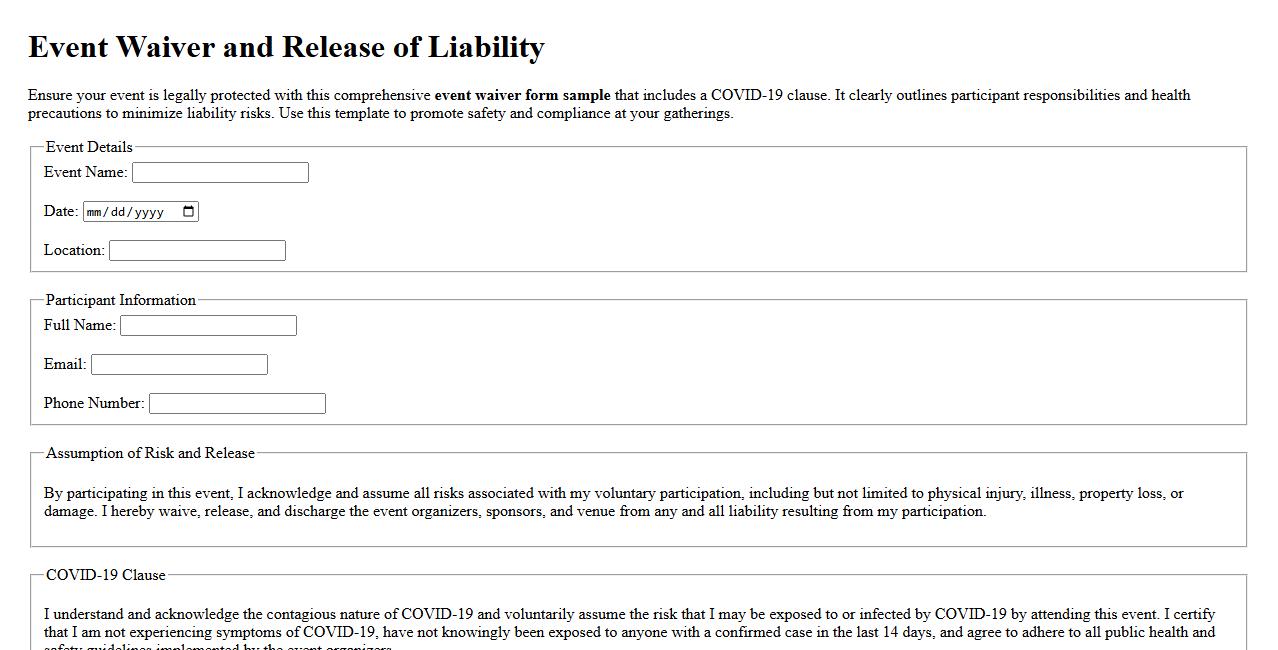 Event waiver form sample with COVID-19 clause image preview