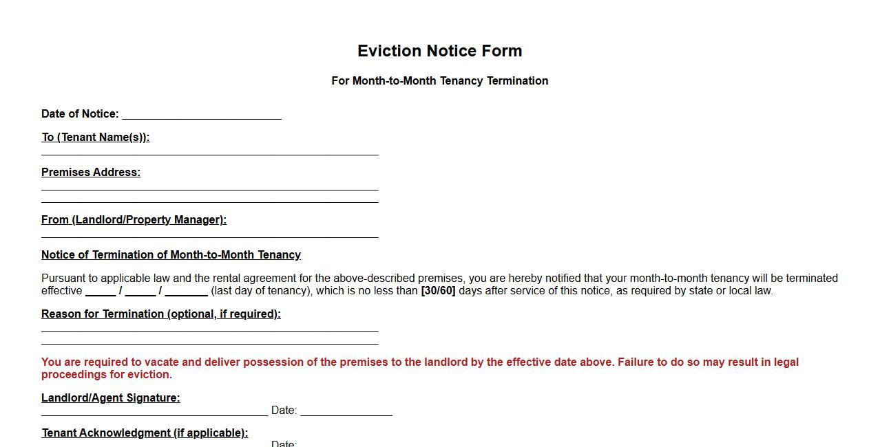 Eviction notice form sample for month-to-month tenancy image preview