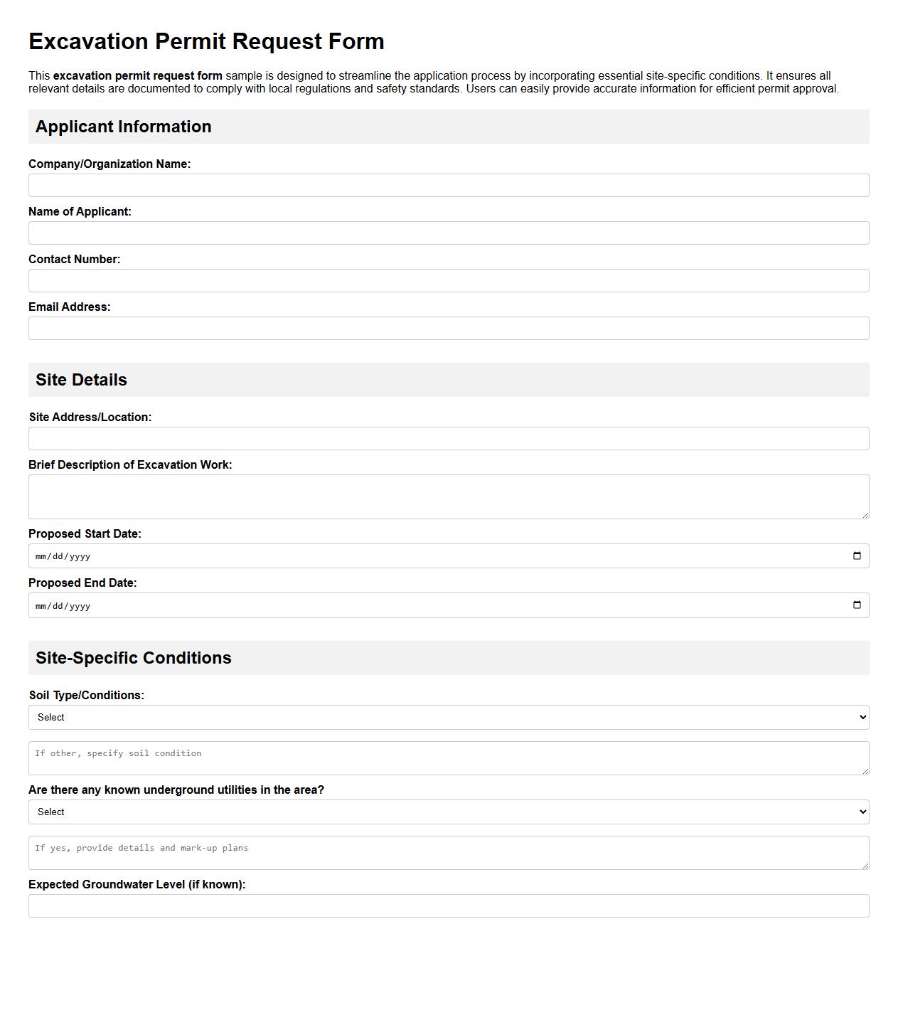 Excavation permit request form sample incorporating site-specific conditions image preview