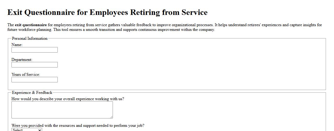 Exit questionnaire for employees retiring from service image preview