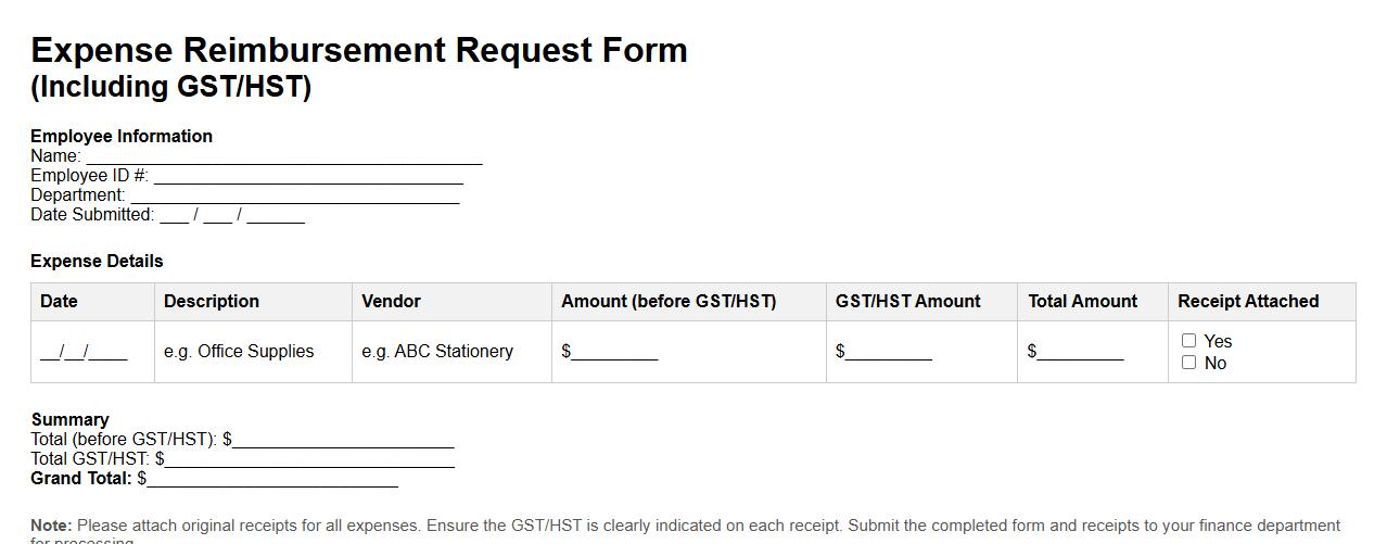 Expense reimbursement request form sample including GST/HST image preview