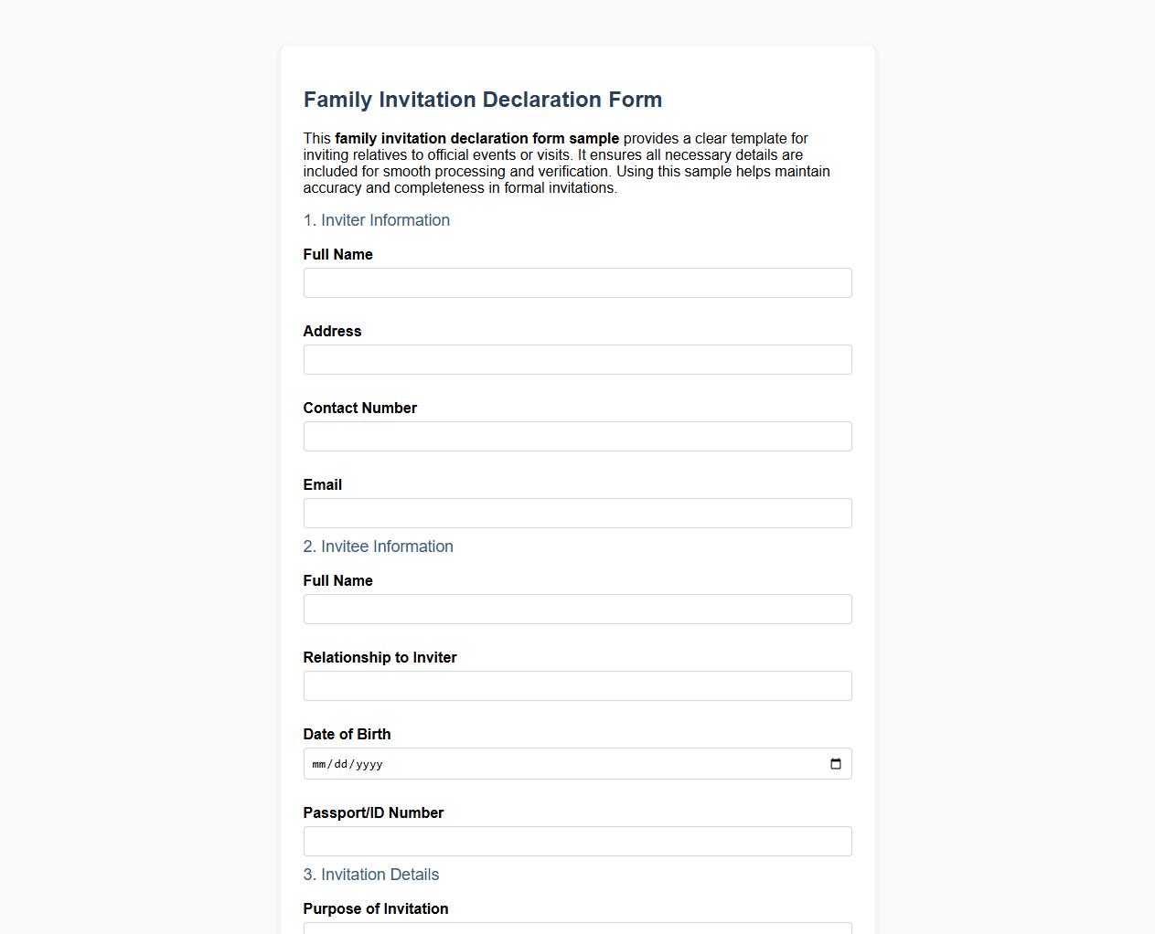 family invitation declaration form sample image preview
