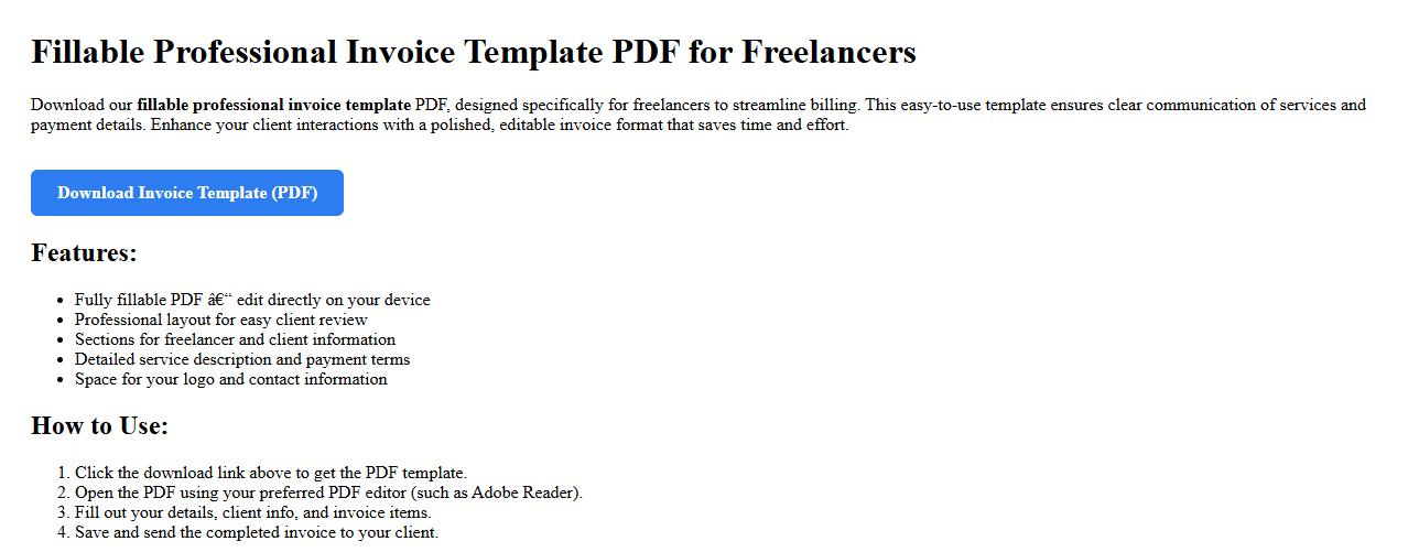 Fillable professional invoice template PDF for freelancers image preview