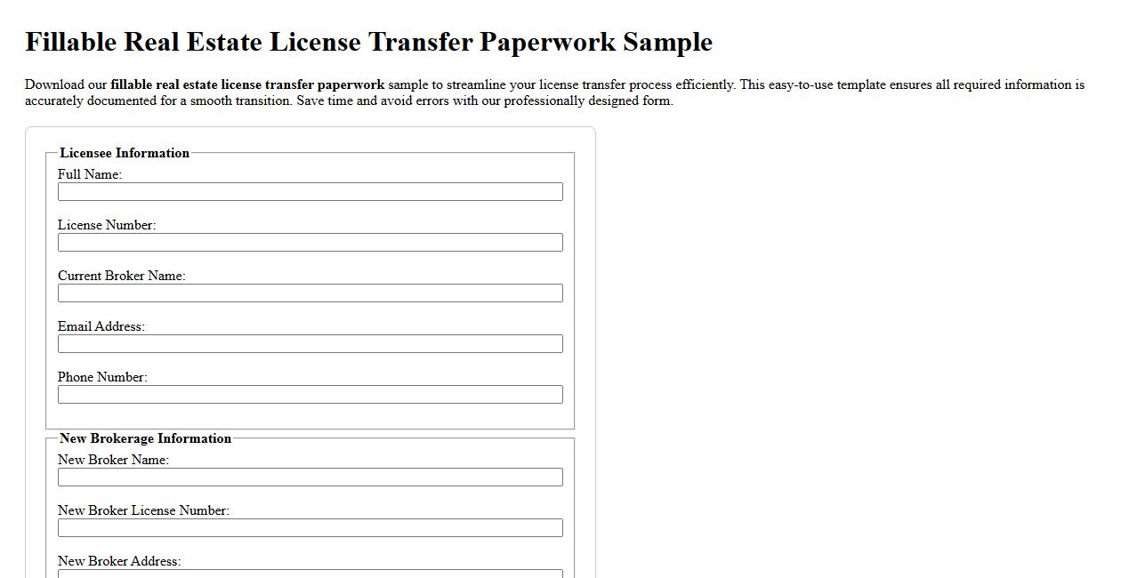 Fillable real estate license transfer paperwork sample image preview