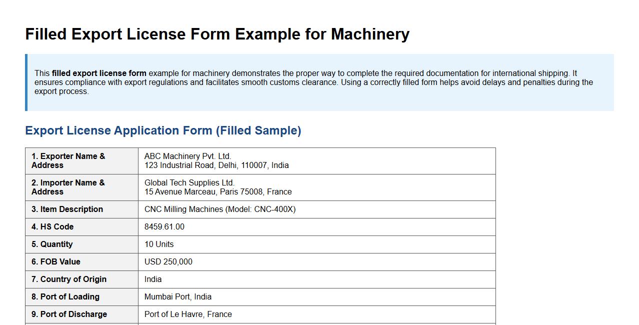 Filled export license form example for machinery image preview