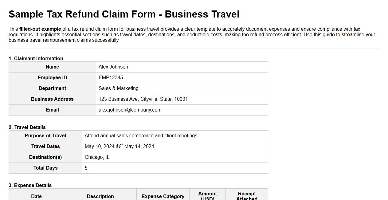filled-out example of tax refund claim form for business travel image preview
