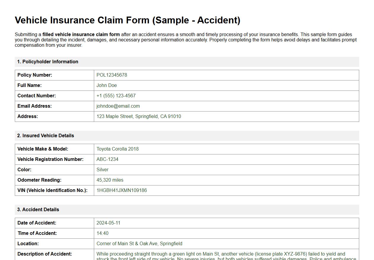 filled vehicle insurance claim form sample for accident image preview