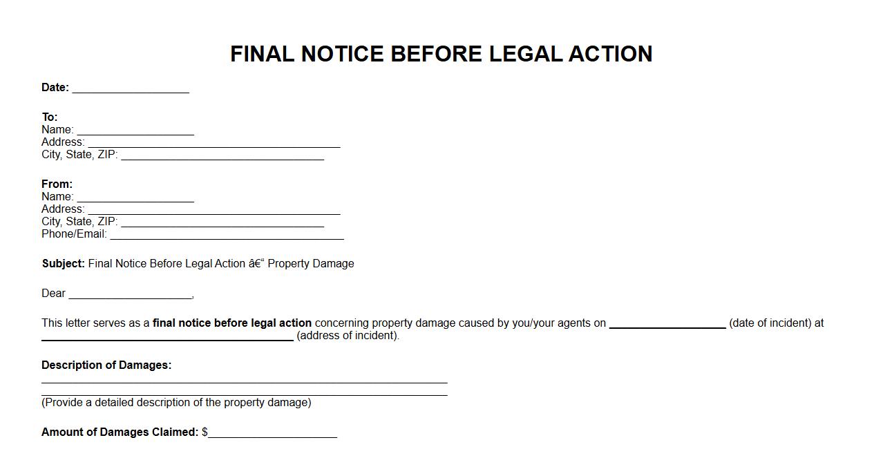 Final notice before legal action form sample for property damage image preview