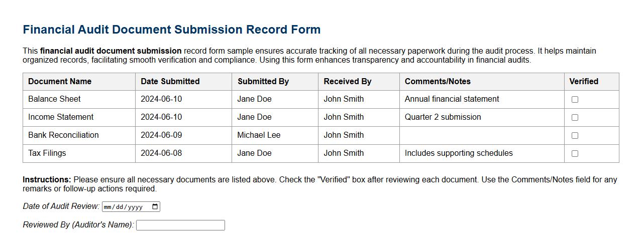 Financial audit document submission record form sample image preview